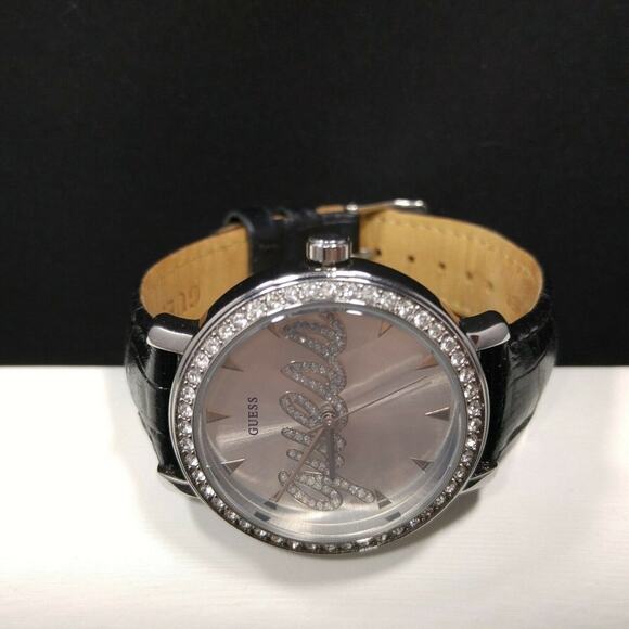 GUESS Wristwatch Logo Dial Rhinestones, Black Leather Strap, G76072L, 9 Inches - Picture 8 of 11